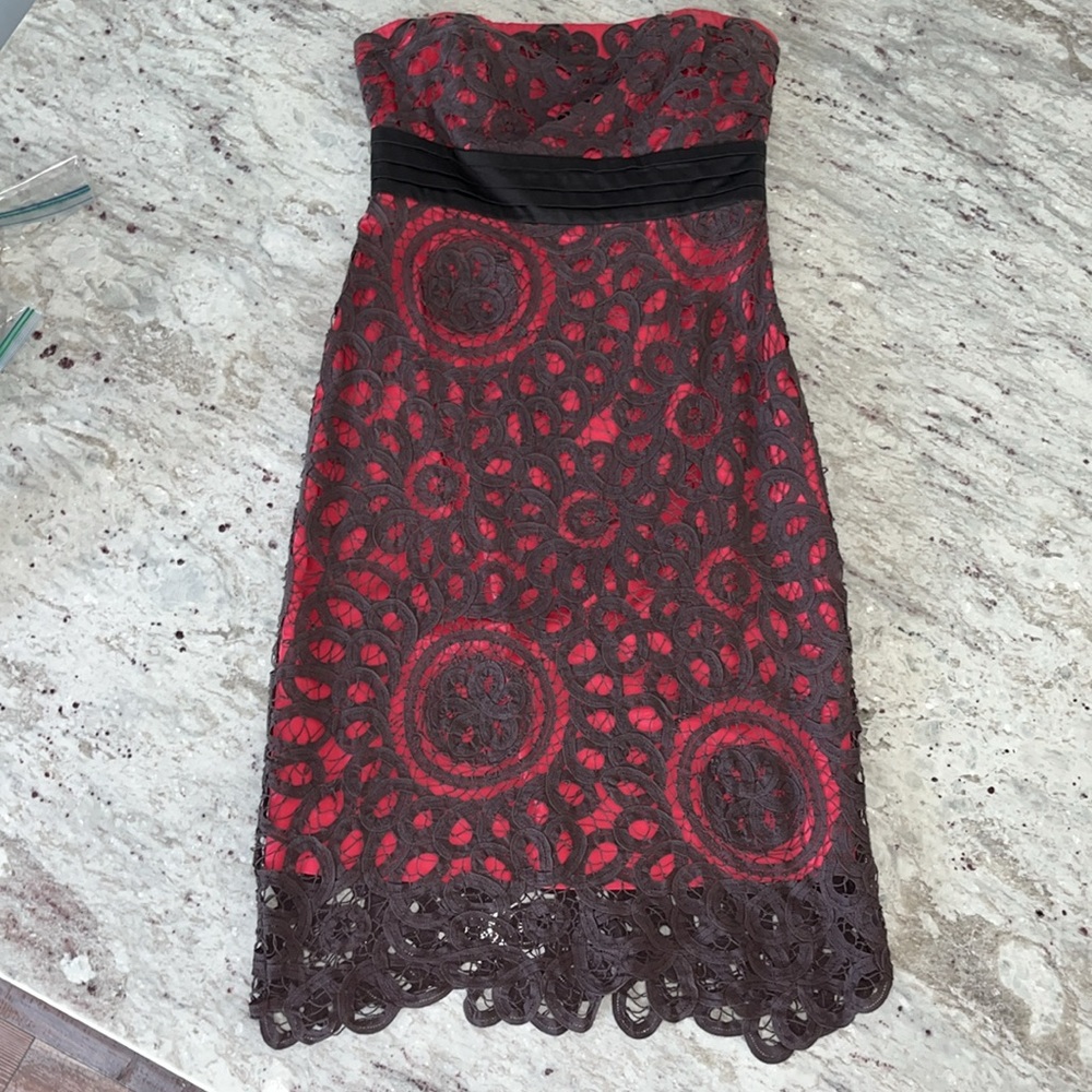 Anthropologie Floreat strapless pink dress with gray crochet overlay.